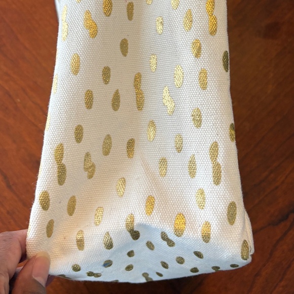 Stylish Holiday Cream and Gold Canvas Tote Bag with Blue Handles - Picture 3 of 8